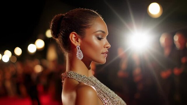 Famous actress adorned in stunning jewelry, gracefully walking down the red carpet at a glamorous evening event, surrounded by the bright flashes of eager paparazzi capturing the moment