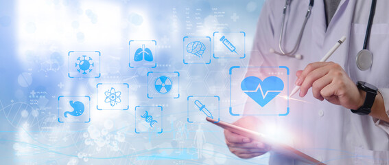 Hands of doctor engaging with digital medical interface, emphasizing connectivity in healthcare, medical innovation, health technology, global medical collaboration, patient-centric care.