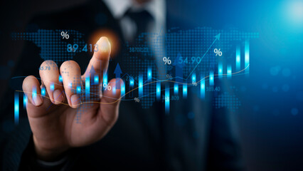 Businessman hand touching virtual screen with global business graph, representing financial growth, market analysis, data analytics, economic development, stock exchange, investment strategy.