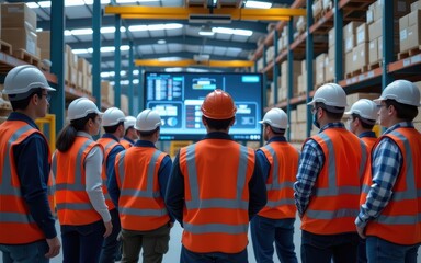 Team of workers observing data in a warehouse setting.