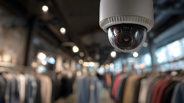 A dome-style security camera is mounted on the ceiling of a retail space, providing a clear view of the clothing displays below. This setup enhances safety and monitoring of customer activities