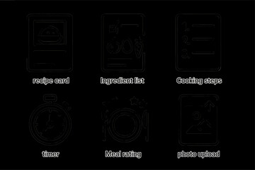 Cooking app interface icons: recipe card, ingredients, steps, timer, rating, upload