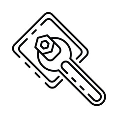 Outline icon of a wrench turning a nut set against a framed background