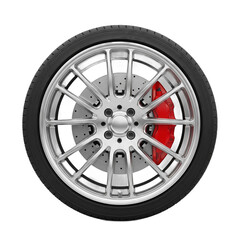 Obraz premium High-Performance Car Wheel with Red Brake Calipers and Drilled Rotors on Grey Background