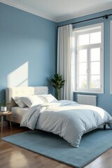 Serene blue minimalist bedroom Natural light floods white walls, showcasing simple furniture , bright, minimalism, white walls