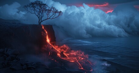 Eruption by the coast with stark contrast and dramatic landscape composition