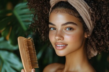 Morning self-care, woman brushing hair with wooden comb,  a calming beauty ritual, Generative AI