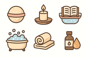 Relaxing spa icons - bath bomb, candle, book, bubbles, towel, oil bottle