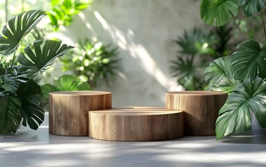 Sunlit Wooden Display Amidst Lush Tropical Foliage