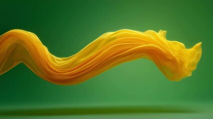 Flowing and waving, smooth elegant gold satin texture dances against a lush green background, evoking a sense of luxury and dynamic movement in a captivating composition