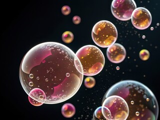 Fototapeta premium Floating iridescent soap bubbles with reflective surfaces against a dark background