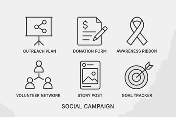 Fototapeta premium Social campaign icons: outreach, donation, awareness, volunteer, story, goal