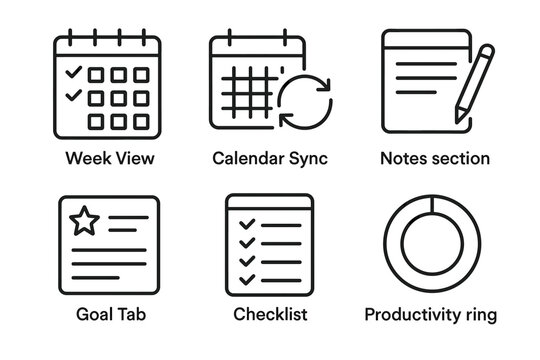 Calendar icons: week view, calendar sync, notes, goal tab, checklist, productivity