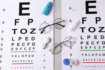 Vision test charts, glasses, tweezers, lenses and bottles of medical drops on light grey...