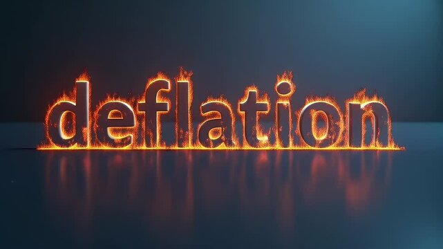fiery animated transformation &ldquo;deflation&rdquo; turning &ldquo;inflation&rdquo; text intense heatwave symbolizing economic transition financial concept