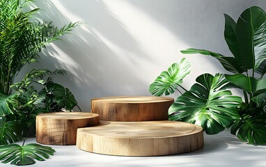 Sunlit Wooden Display Platforms Amid Lush Tropical Foliage