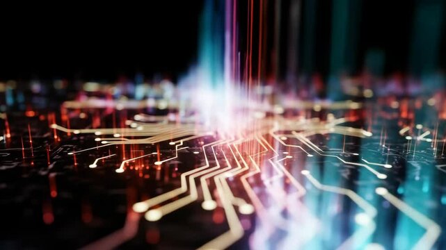 Futuristic technology background of digital circuit board with colorful lines.