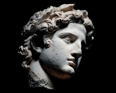 Apollo Statue. Renaissance Sculpture of Apollo with Aesthetic Eye Detail on Black Background