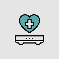 Obraz premium Minimalist Icon Design Featuring a Bi Colored Heart Shape Incorporating a White Cross Symbol Hovering Above a Simple Rectangular Device with Three Small Dots