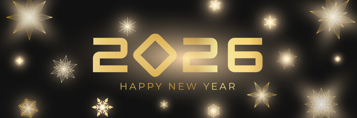 Happy New Year 2026 Banner with Text 2026 and New Year Elements on Light Background. Horizontal template. Festive Vector Illustration.