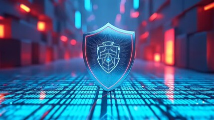 Metallic shield emblazoned matrix like patterns glides through neon cube landscape surface reflecting cyan grids while subtle code streams scroll underneath seamless video k loop communicates - Powered by Adobe