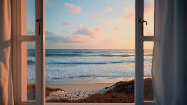 Framed open window gentle waves roll tranquil shoreline under pastel dawn hues peaceful k timelapse loops seamless video ly turning any video call background relaxation channel travel commercial