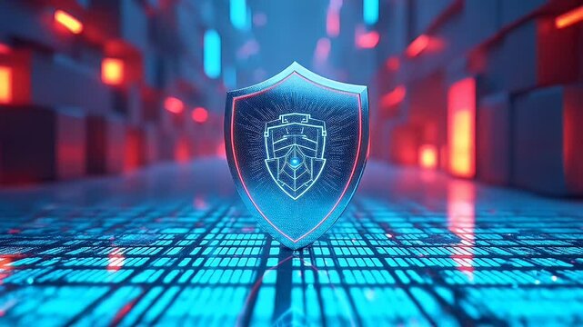 Metallic shield emblazoned matrix like patterns glides through neon cube landscape surface reflecting cyan grids while subtle code streams scroll underneath seamless video k loop communicates