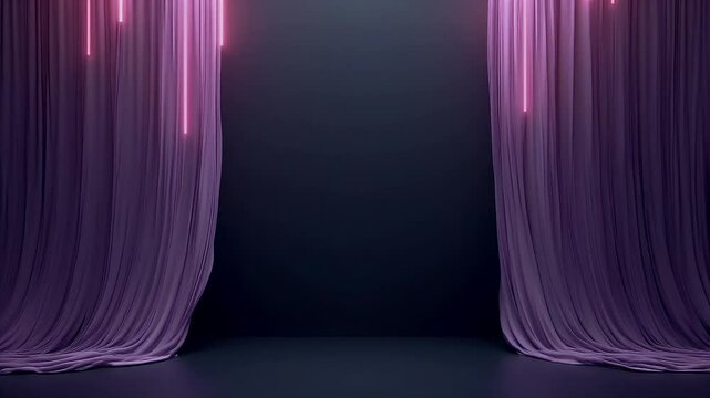 Vertical drapes lavender ruby charcoal slide shimmer like digital theatre curtains forming refined k motion backdrop suited to product reveals fashion catwalk openers streaming channel intermissions