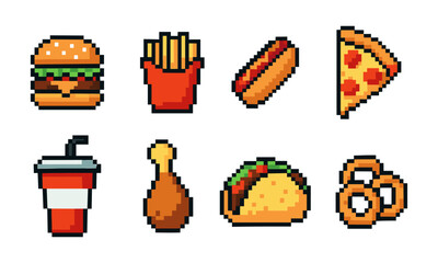 Set of pixel style fast food icons featuring a hamburger, french fries, hot dog, pizza slice, soft drink, chicken drumstick, taco, and onion rings. Retro style illustrations perfect for games