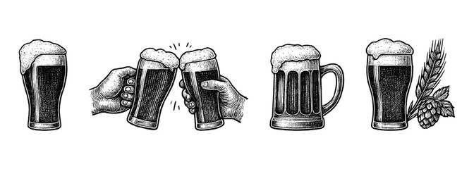 Vintage hand drawn beer collection featuring beer mugs, clinking glasses, hops and barley in engraving style. Perfect for pub and Oktoberfest themes.