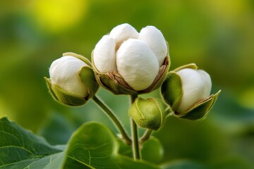 Fresh cotton bolls on plant branch in sunlight, soft and pure natural fiber symbolizing sustainability, softness, and organic agriculture