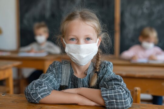 Back to School Corona. Elementary School Students Wearing Masks in Classroom for Education and Safety