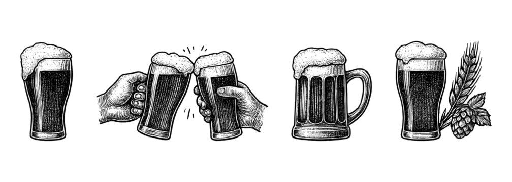 Vintage hand drawn beer collection featuring beer mugs, clinking glasses, hops and barley in engraving style. Perfect for pub and Oktoberfest themes.