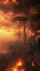 Massive alien vessels bombarding devastated futuristic metropolis, unleashing fiery explosions and widespread urban destruction during catastrophic invasion scenario