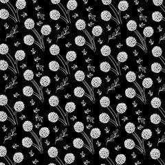 Black and white background with repeating hand drawn floral pattern. white floral pattern on black background. Circular flowers with small petals. Background, flowers.