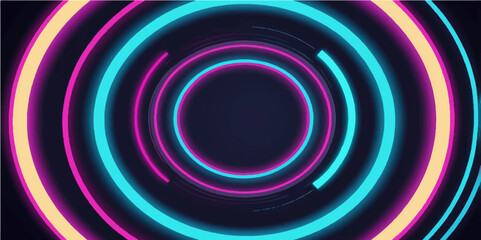 Neon Rings: Dynamic neon rings of blue, pink, and yellow converge, creating a captivating display of light and energy, perfect for modern design concepts and futuristic visuals.