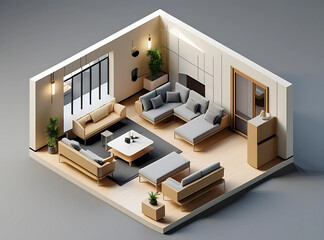 Isometric view living room muji style open inside interior architecture 3d rendering digital art