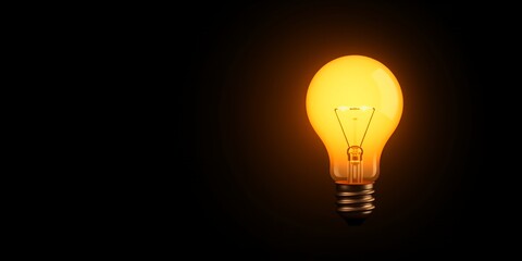 Illuminated light bulb glowing brightly against a stark black background in the dark on transparent background