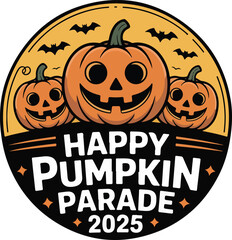 Happy Pumpkin Parade Illustration for Halloween Season. A festive illustration for the Halloween parade, featuring smiling pumpkins against an orange sky with bats Vector transparent png.