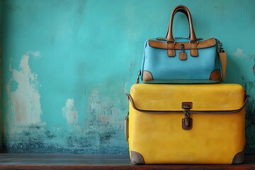 Teal Wall Background with Stacked Yellow and Blue Bags