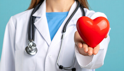 Fototapeta premium Un doctor mujer con bata blanca y estetoscopio con un corazón rojo en la mano en concepto de medicina general o seguro medico y atención sanitaria en el dia mundial del corazon