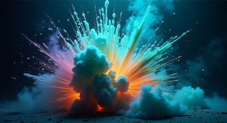 A vibrant explosion of colorful smoke and light against a dark background