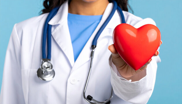 Un doctor mujer con bata blanca y estetoscopio con un coraz&oacute;n rojo en la mano en concepto de medicina general o seguro medico y atenci&oacute;n sanitaria