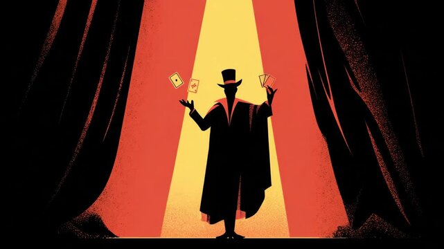 Mysterious magician holding flowers in a spotlight.