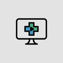 Obraz premium Minimalist Icon Design Featuring a Computer Monitor Displaying a Teal and Green Medical Cross with a Play Button Centered Inside