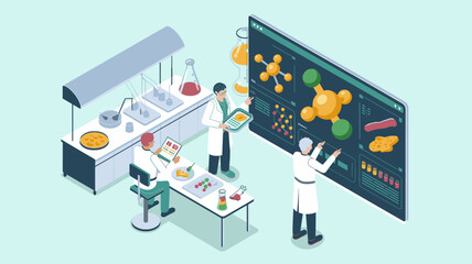 scientists analyzing food molecules in a research lab, isometric vector illustration for food science, molecular gastronomy and nutritional research
