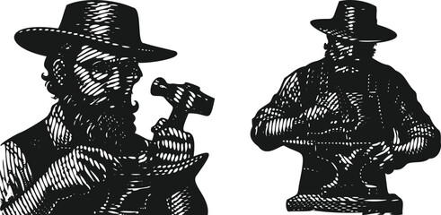  Heavy lined effect black vector bundle featuring a blacksmith with hat and glasses hammering metal, industrial craftsman working with anvil and hammer, vintage workshop illustration, skilled metalwor
