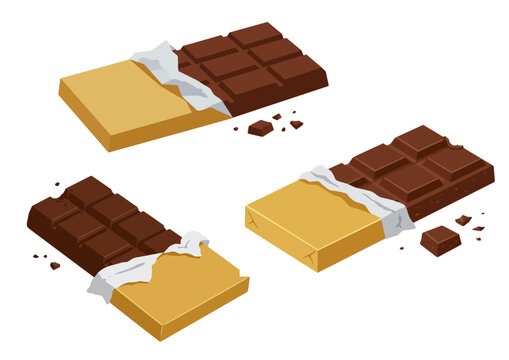 Three isometric chocolate bars partially unwrapped with crumbs