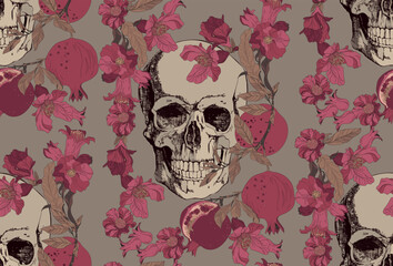 
Skull and flowers, leaves and pomegranate fruits, on a light background. Typographic graphics and seamless pattern.