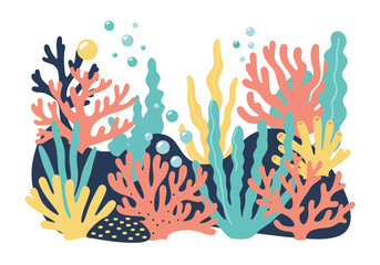 Fototapeta premium Colorful corals and seaweeds create a vibrant underwater scene, perfect for ocean-themed designs, with marine life, bubbles, and a transparent background.